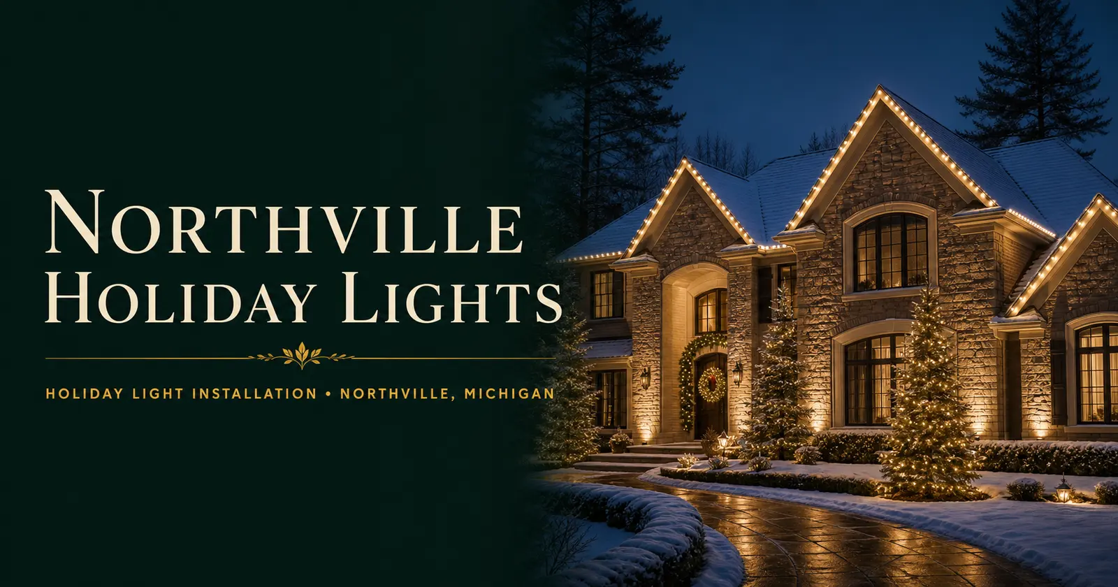 Elegant home illuminated with professionally installed warm-white holiday lights on a snowy evening